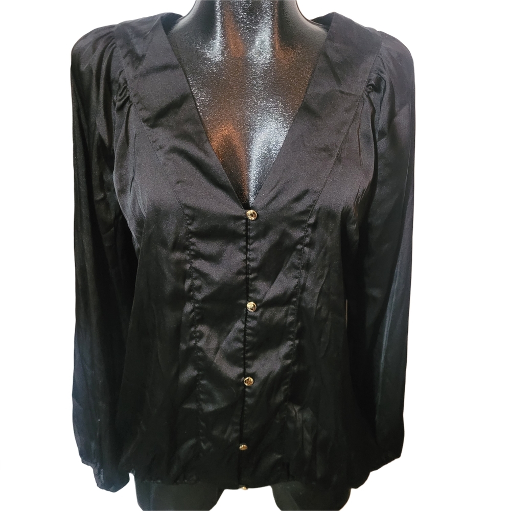 Vintage 90's Lady Dutch Black V-Neck Button-Up Whimsgoth Satin Blouse L